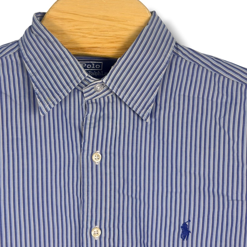 Vintage Polo Ralph Lauren Shirt Men 16.5 L Blue Stripe Alcott Cotton Button Down